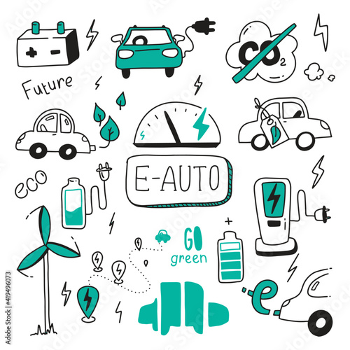 E car Doodle set. Green energy