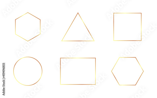 Gold frame set on white background. Shining frames for greeting card, wedding or advertisement. Square, triangle, round borders. Shiny golden design. Vector illustration
