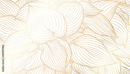 Golden leaves hand drawn line art on white background. Luxury art deco wallpaper design for print, poster, cover, banner, fabric, invitation. Vector digital illustration.