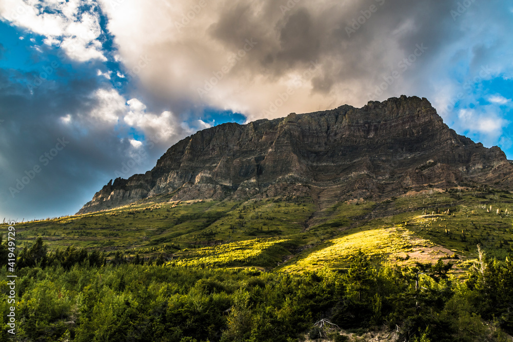 dramatic summer mountain ranges and mountain peaks in the vast Glacier National Park in Montana.