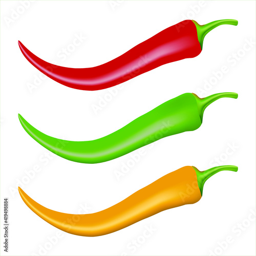 Hot chili peppers pods red yellow and green realistic image on white background isolated vector illustration. Seasoning and spice. Cayenne spice. Jalapeno.