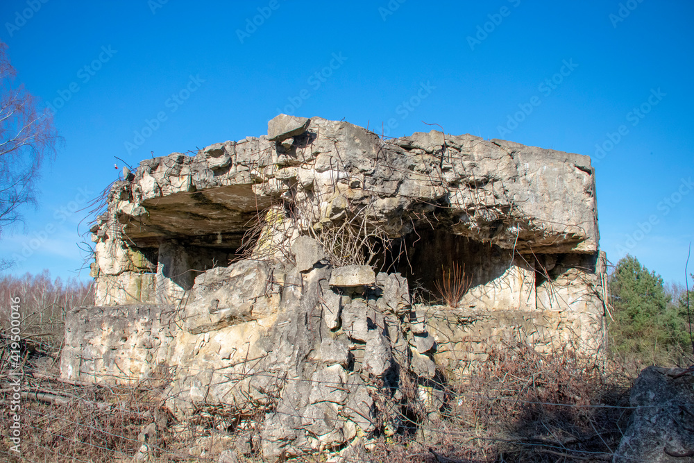 Destroyed World War II bunker landscape in Doeberitzer heide Brandenburg Germany