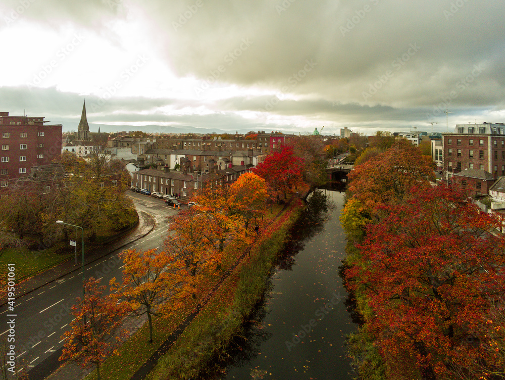 Aerial view of the Grand Canal in Dublin in Autumn, Drone photography