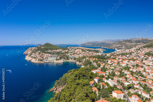 Aerial drone shot of Dubronik west new town near Lapad Peninsula in Croatia summer noon