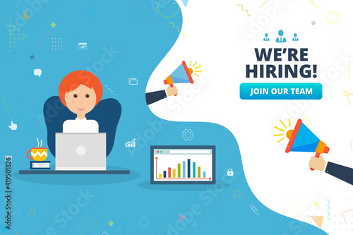 We're hiring, recruiting concept with business female at her desk