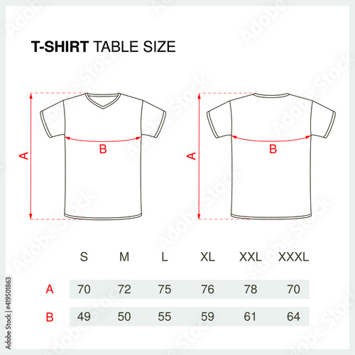 Table size. T-shirt  men's short sleeve v-neck. Front and back views. Vector illustration. 
