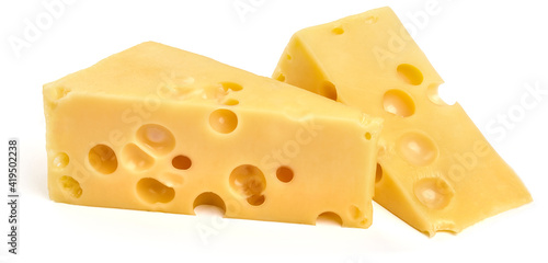 Foto Emmental cheese, Swiss cheese, isolated on white background