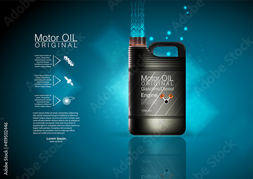 oil background, vector illustration Bottle engine oil Canister of engine motor oil, full synthetic clinging molecules protection. Vector illustration with realistic canister and motor oil splashes