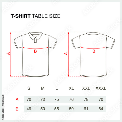 Table size. T-shirt polo men's. Front and back views. Vector illustration. 