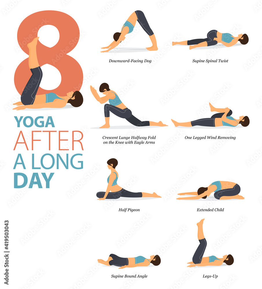Vetor de 8 Yoga poses or asana posture for workout in After A Long Day  concept. Women exercising for body stretching. Fitness infographic. Flat  cartoon vector do Stock
