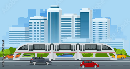 Isometric Transit Elevated Bus in China. Straddling bus, straddle bus, land airbus, or tunnel bus Road vehicle designed to carry many passengers.
