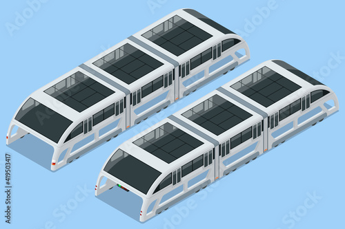 Isometric Transit Elevated Bus in China. Straddling bus, straddle bus, land airbus, or tunnel bus Road vehicle designed to carry many passengers.