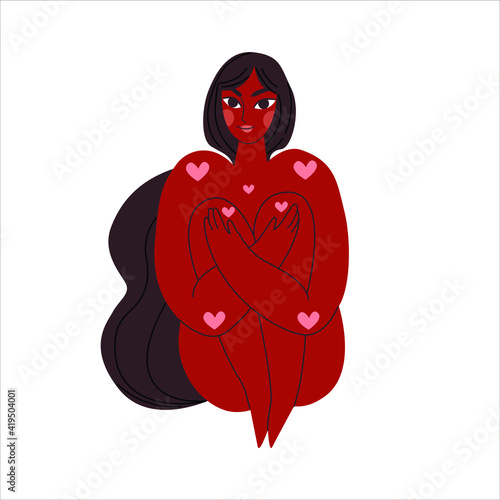 A young Indian girl hugs her knees. Happiness to be yourself. Love yourself. Body positive. Feminine power. Taking care of yourself. Vector flat illustration.Valentine's day card. 