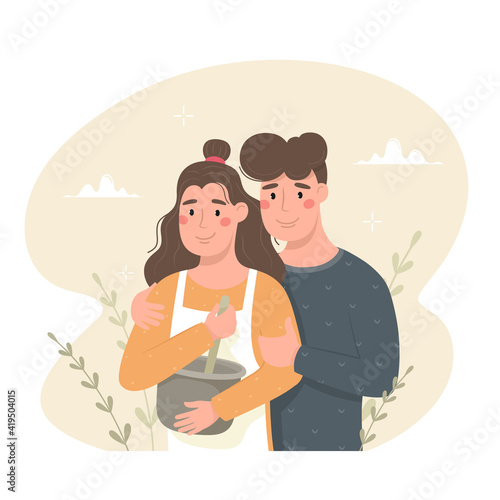 A young girl and a guy are cooking together, they are cooking together. Cozy mood, homemade cakes. Vector illustration.
