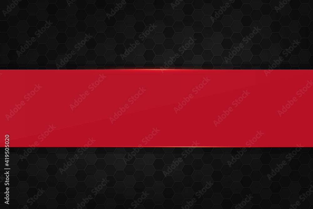 Black hexagonal background with red banner for text