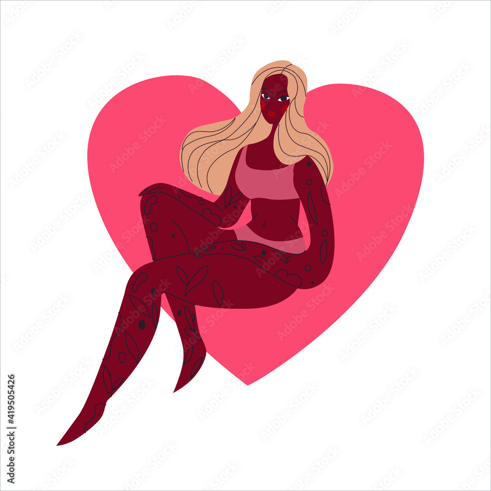 Obraz premium Young African American blonde girl sitting and stroking her hair. Scars, stretch marks. To love yourself as he is. Happiness to be yourself. Love yourself. Body positive. Feminine power. Vector flat