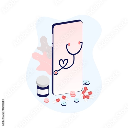 Online tele medicine flat illustration concept. Medical consultation and treatment via application of smartphone connected internet clinic. Online ask doctor consultation technology in mobile vector.