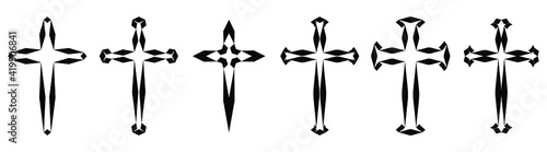 Vector collection of black ink or paint religion or faith cross symbol set isolated on white background. Abstract christian religious belief or faith art illustration for orthodox or catholic design