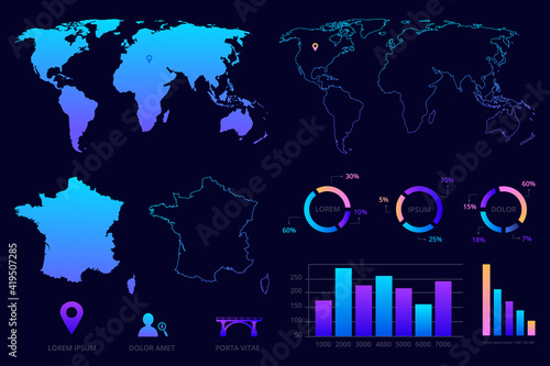 Business infographics. World map,  France map, charts and symbols.