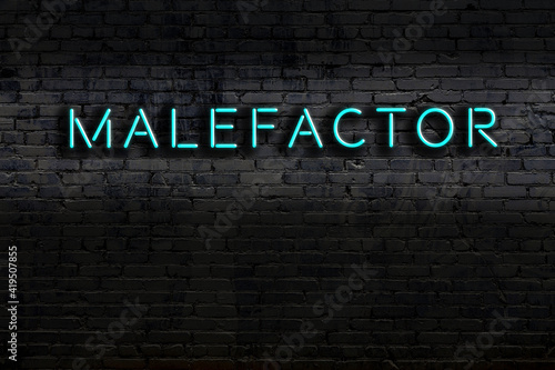 Neon sign. Word malefactor against brick wall. Night view photo