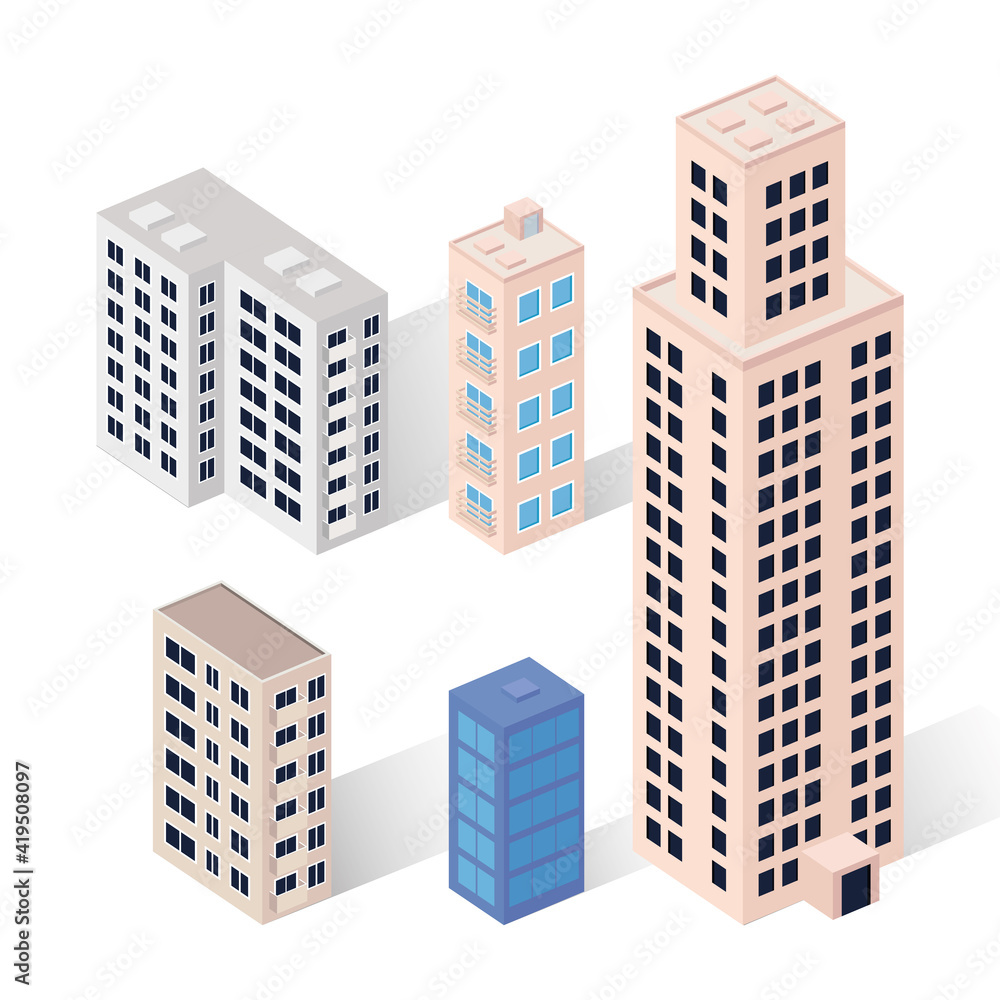 five buildings isometric set icons