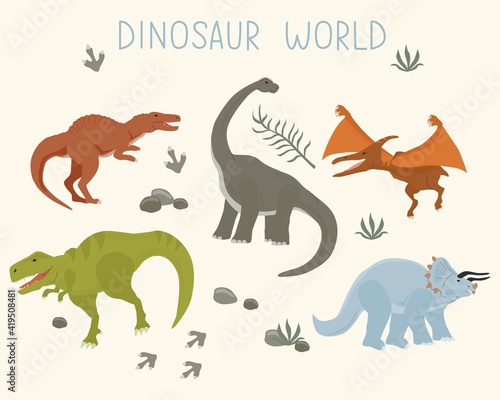 Set with dinosaurs isolated on a white background to create seamless patterns. Vector illustration for printing on packaging paper  fabric  postcard  clothing. Cute children s background