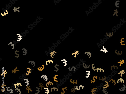 Euro dollar pound yen metallic symbols flying currency vector illustration. Jackpot concept.