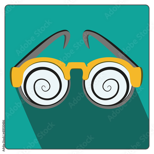 Vector illustration of hypnotic glasses isolated. Cute flat cartoon style.Icon with long shadow. Eyeglasses sign web design, posters, banners. Sunglasses on blue background. Long shadow.