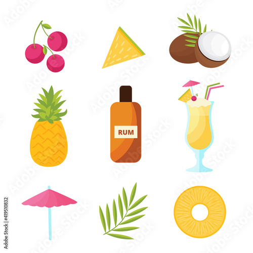 Pina Colada drink ingredients, set of elements. Pina Colada recipe