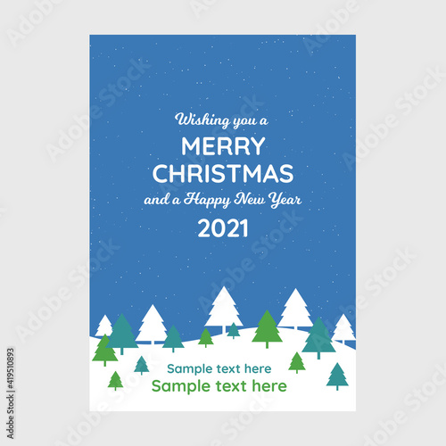 Blue Merry Christmas card design. Business Christmas greeting card with christmas trees.