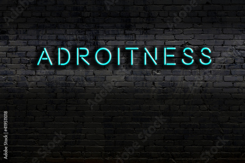 Neon sign. Word adroitness against brick wall. Night view