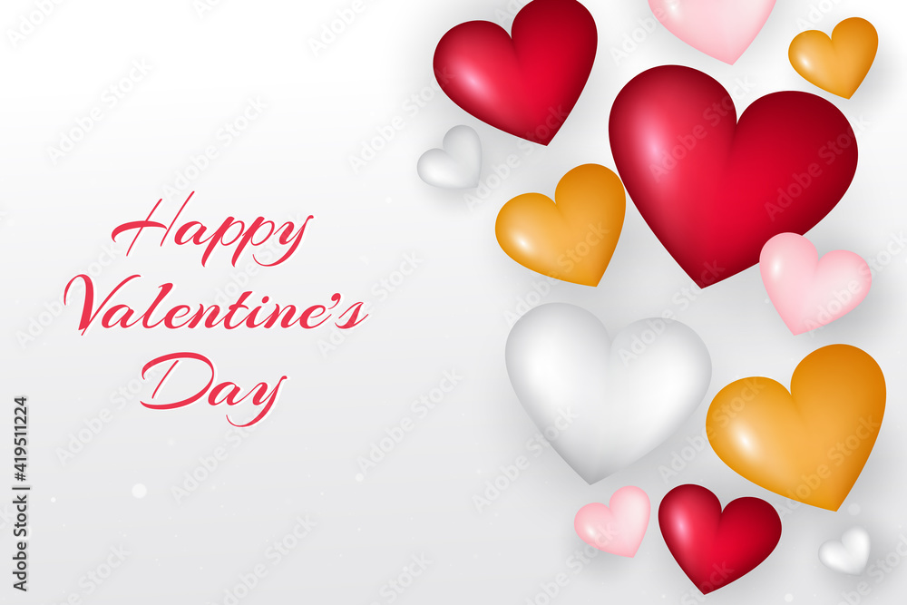 Realistic valentine's day background. Valentines Day banner. gold, red, pink and white 3d heart shapes