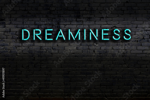 Fotografie Neon sign. Word dreaminess against brick wall. Night view