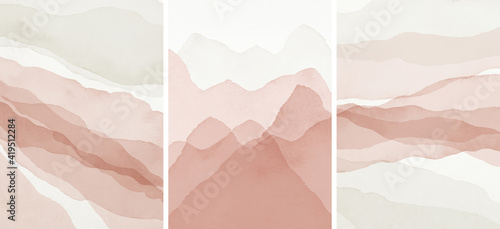 Abstract Arrangements. Landscapes, mountains. Posters. Blush, pink, ivory, beige watercolor Illustration, on white background. Modern print set. Wall art. Business card. Printable. 