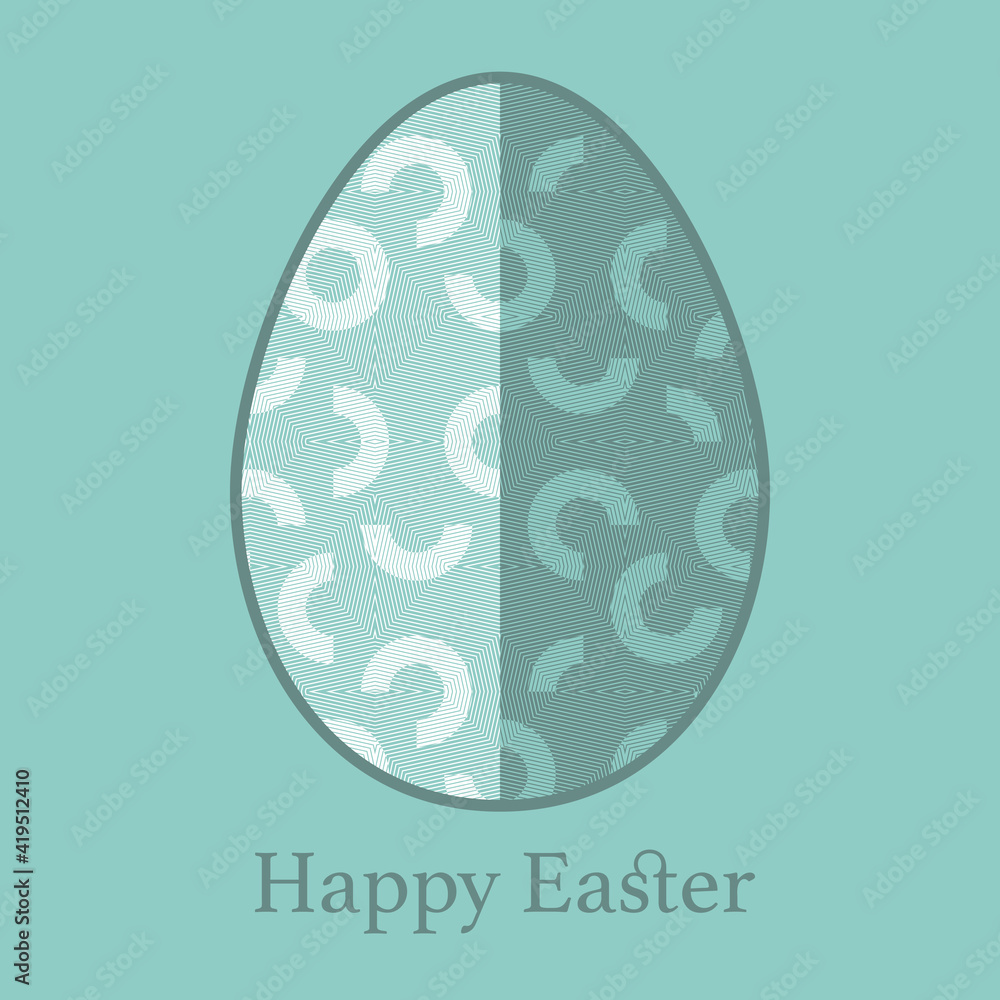Vector white and green geometric lace Easter Egg silhouette on see green background. Monochrome decorative greeting card design with Happy Easter text. Vector white and green geometric lace Easter Egg silhouette on see green background. Monochrome decorative greeting card design with Happy Easter text.