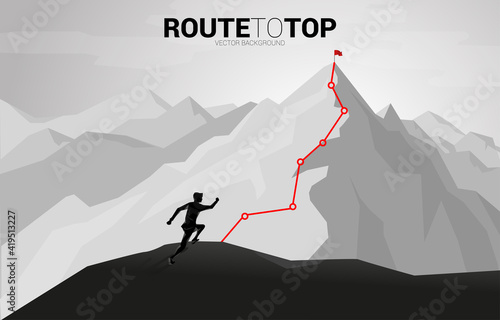 Businessman running to Route to the top of mountain. Concept of Goal, Mission, Vision, Career path, Vector concept Polygon dot connect line style