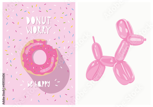 Cute Hand Drawn Donut, with Sprinkles, Handwritten Slogan and Pink Balloon Dog. Nursery Wall Art for Baby Boy And Baby Girl. Vector Twin Illustration Set. Ideal for Cards, Invitations, Posters
