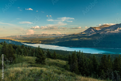 dramatic summer mountain peaks and lake in the Two Medicine area in the Glacier national park in Montana.