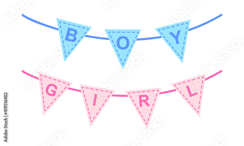 Bunting for baby shower or gender reveal party. Garlands with blue and pink flags, Boy and Girl text on them. Design elements for invitation card or banner. Vector flat illustration.