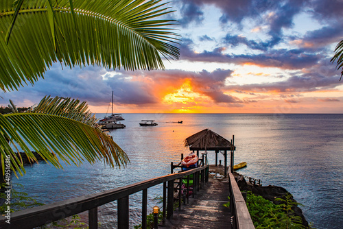 Paradise Taveuni, Fiji, Taveuni Island, Moorings, dock, ward, sunset, boats, palm trees, pier, clouds, colorful, 