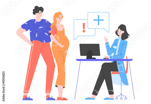 Young couple at the doctor's appointment. Pregnant woman. Future childbirth, pregnancy planning, consultation with a gynecologist. Vector flat illustration.