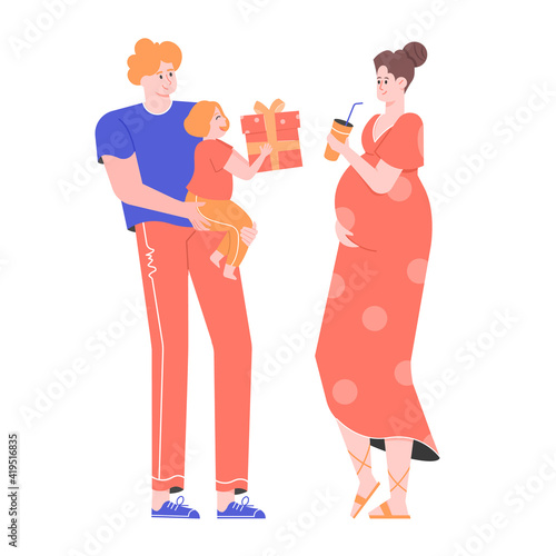 Happy family. Dad is holding a little daughter in his arms, giving a gift to their beloved mother. Pretty pregnant woman. Mothers Day. Vector flat illustration.