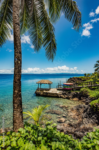 Paradise Tavauni, Fiji, Tavauni Island, overlooking dock and moorings, calm anchorage,