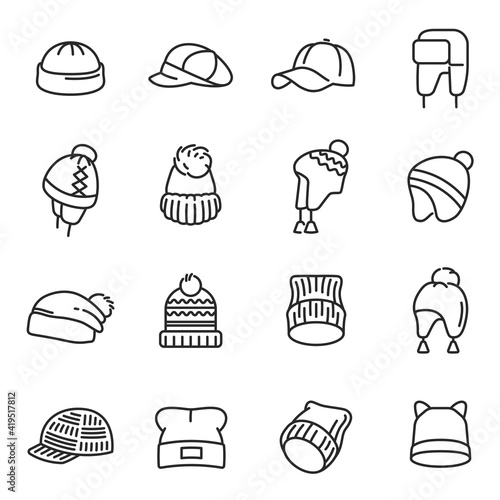 Hats types, caps assortment knitting, with earflaps, pompom thin line icons set isolated on white.