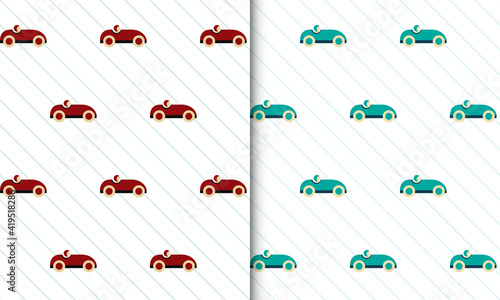 Car toy seamless pattern in retro colors and diagonal stripes. Simple kids wallpaper
