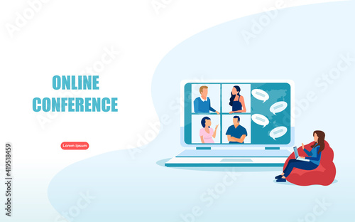 Video conference concept. Vector of a young woman using computer for an online meeting with friends.