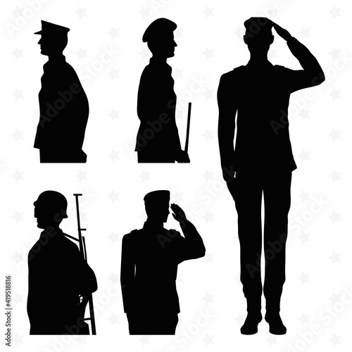 five soldiers silhouettes isolated icons