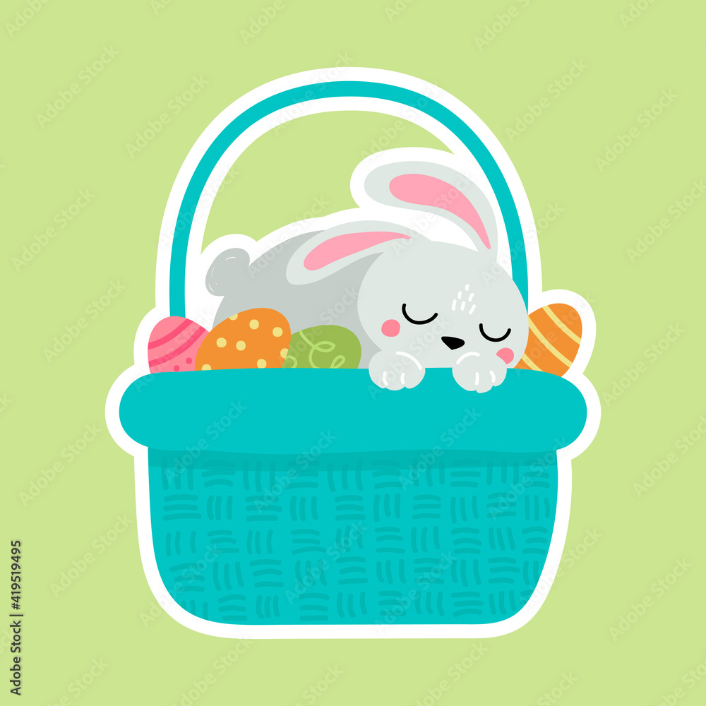 Naklejka premium Cute sticker Easter bunny with eggs. Vector illustration isolated.