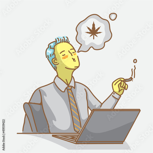 Businessman smoking weed on the desk. Cannabis of medical for treat stress disorder.  Marijuana use and legalization of the cannabis.