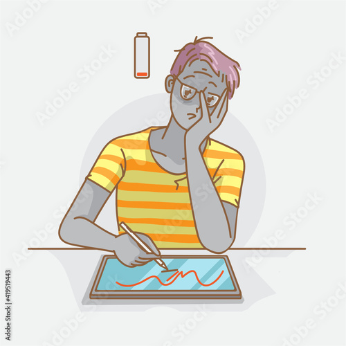 Tired man of work. Hand drawn style vector design illustrations.